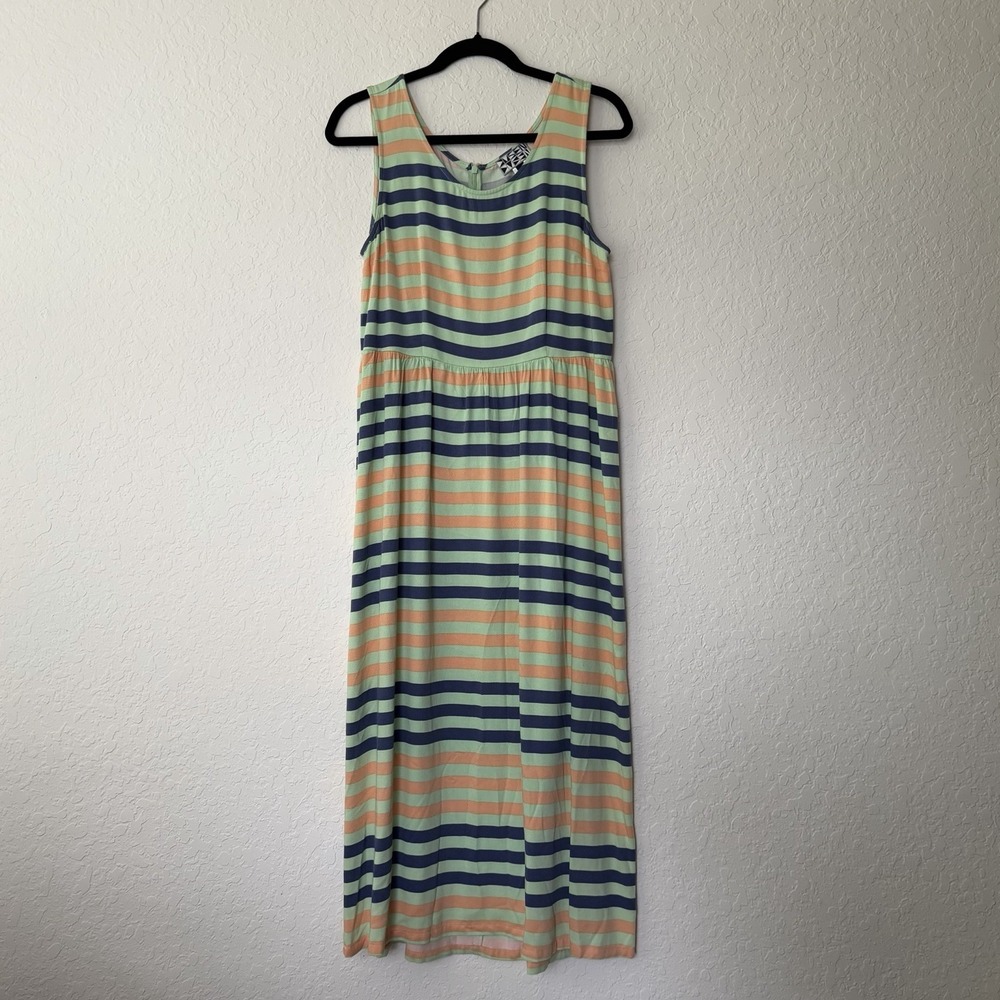 Anthropologie Dusen Dusen Spring Stripe Midi Dress Green Blue Peach Size 8 USA